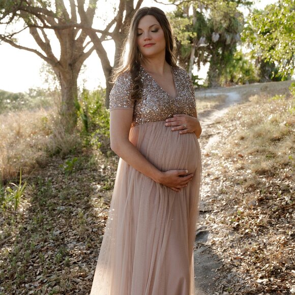 Maya Maternity Taupe Blush Maxi Dress with Sequins - Picture 1 of 5